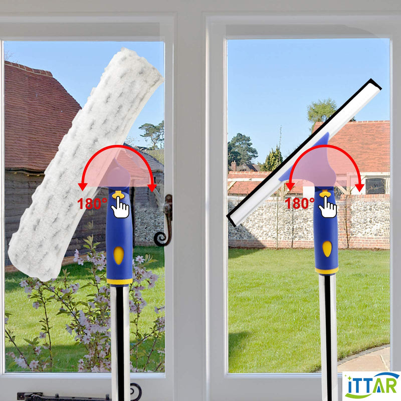 [Australia] - ITTAR Window Cleaner Squeegee,Rotatable Squeegee and Microfiber Scrubber with Extendable 3 Section Stainless Steel Pole,Window Cleaning Tool with 2 Microfiber Pads for Shower Glass Door,Car Windshield 1 Set of Pole 