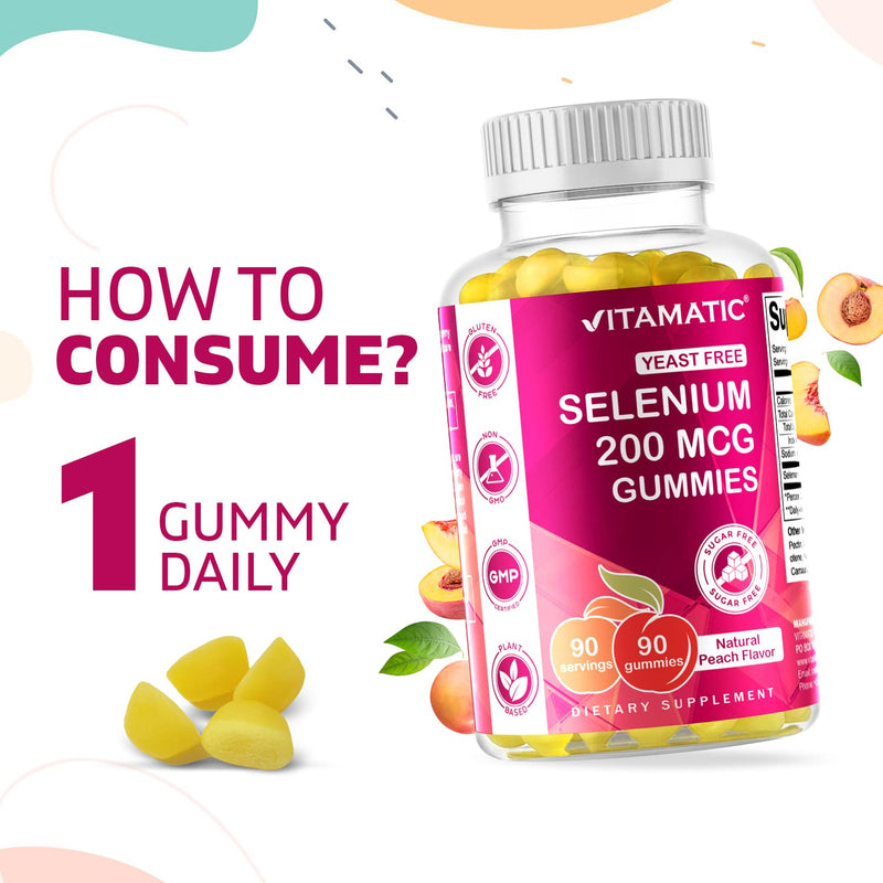 [Australia] - Vitamatic Yeast Free Selenium Gummies 200mcg as Selenomethionine Supplement Essential Trace Mineral with Superior Absorption 90 Pectin Based Gummies Peach 90 Count (Pack of 1) 