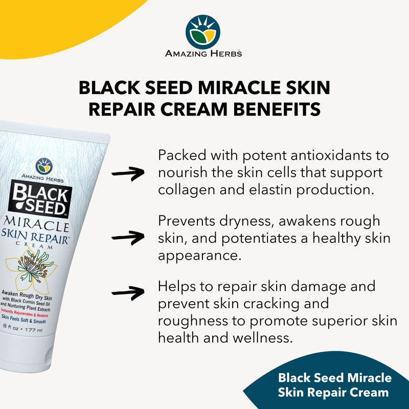 Amazing Herbs Black Seed Miracle Skin Repair Cream Non-Allergenic - 6 Fl Oz | Black Cumin Seed Oil, Vitamin E, & Plant Extracts, Supports Collagen & Elastin Production for Men & Women