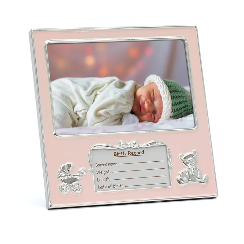 [Australia] - MIMOSA MOMENTS Bear and Pram Silver-tone Metal Baby Girl Picture Frame with Birth Details Tag (4x6 horizontal, Silver-tone & Pink) 4x6" horizontal 