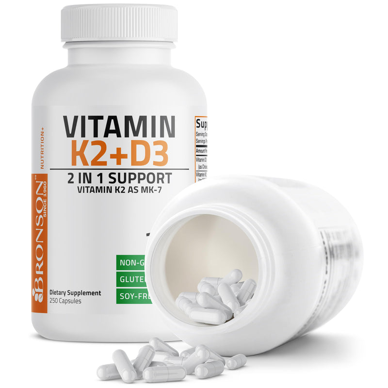Bronson Vitamin K2 D3 (MK7) Supplement 2-in1 D3 & K2 Complex, 250 Capsules | Bone, Immune & Heart Health Support, Gluten Free, Soy Free, Non-GMO, Vitamin D3 5000IU (125 mcg) & 90 mcg K2 MK-7 250 Count (Pack of 1)