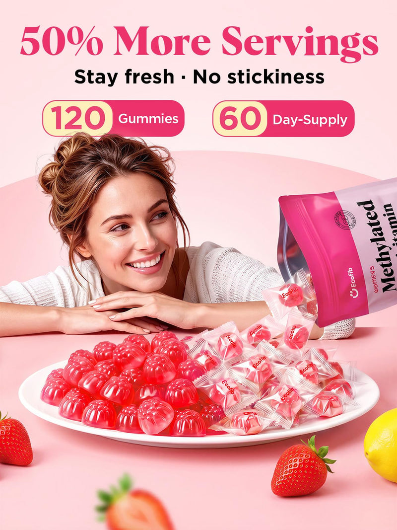 Methylated Multivitamin for Women, Individually Wrapped, 120 Count | Methylated B Complex Multivitamin Gummies, Sugar Free, Methylated Folate & B12, Omega-3, CoQ10, D3 K2, Daily Health Support