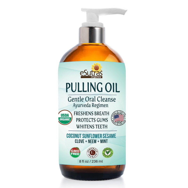 eSutras Pulling Oil Herbal Mouthwash Powerful Coconut Sesame Sunflower Oils + Essential Oils, Mint Clove Whitens Teeth Refreshes Breath Strengthens Gums