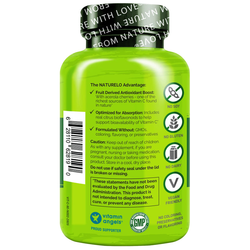 NATURELO Vitamin C 500 mg, Immune Support, Vegan, 90 Capsules | Organic acerola cherry extract, citrus bioflavonoids, Non-GMO, 500 mg VIT C per Cap 90 Count (Pack of 1)