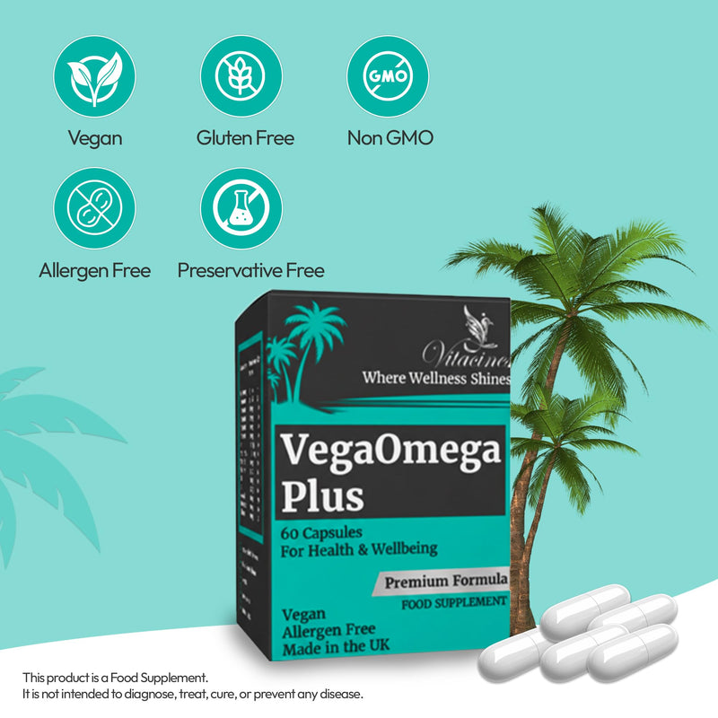 VegaOmega Plus | Vegan Omega 3 + 14 Essential Vitamins & Minerals | Plant-Based Algae DHA & EPA | 60 Capsules | No Fish Oil | Heart, Brain & Joint Support | Family Supplement Age 4+ | Made in UK