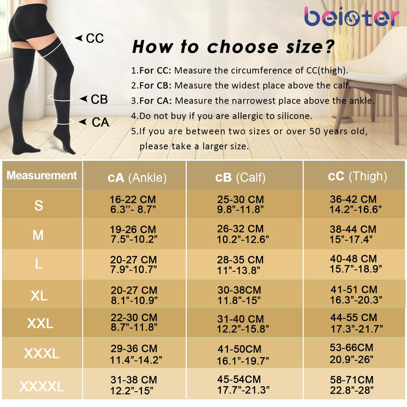 [Australia] - beister Medical Compression Stockings for Men and Women, 15-20 mmHg Closed Toe Long Compression Socks with Silicone Band, Class 1 Thigh Support Stockings for Varicose Veins, Edema, DVT, Flight Black XXL 