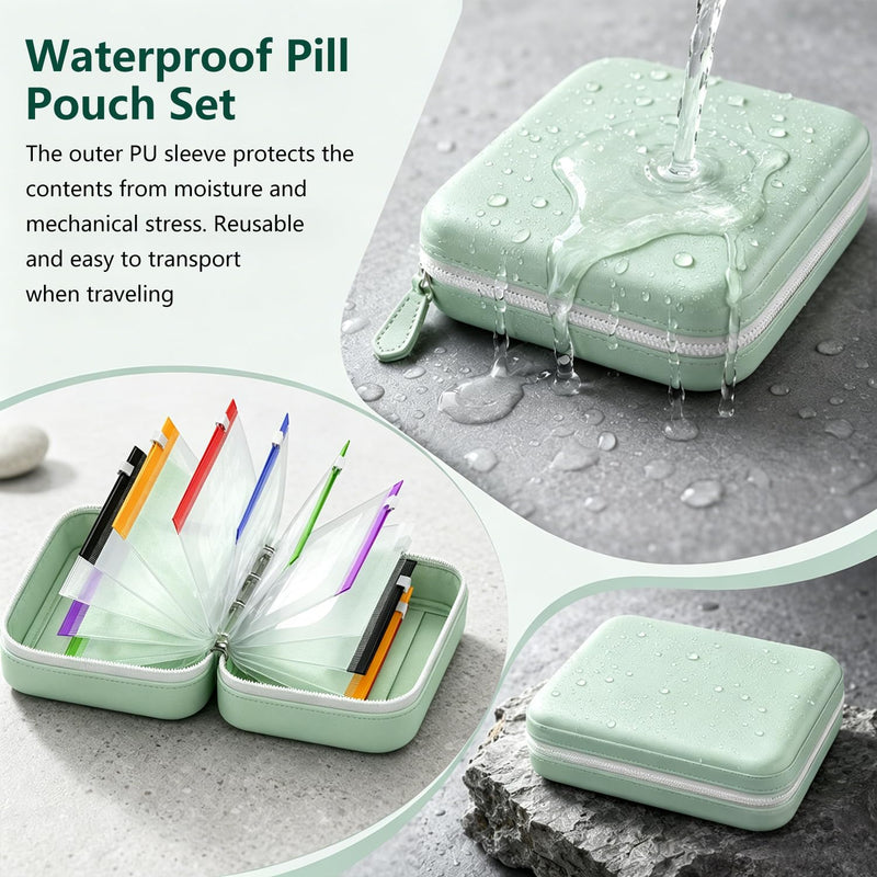 A7 Waterproof Pill Pouch Set, 14pcs Bags Inside Reusable Travel Medicine Organizer, Twice-Daily Large Pill Organizer for Seven Days, Zippered Pill Storage for Fish Oils, Vitamins, Pink
