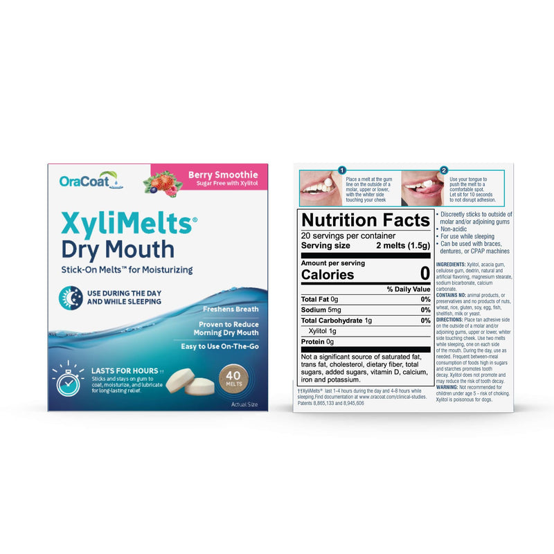 [Australia] - Oracoat XyliMelts for Dry Mouth Night Time or Day - Moisturizing Dry Mouth Adhering Discs, Sugar Free with Xylitol, 40 Count, Berry Smoothie Flavor, 8-Hour Relief 