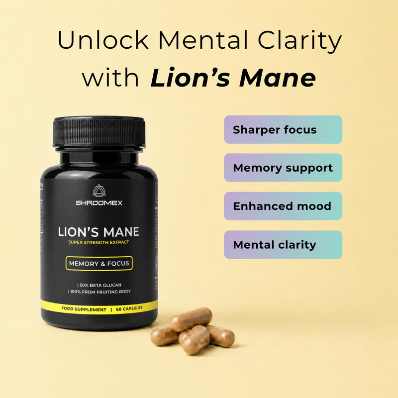 Lions Mane Mushroom Supplement | 1000mg Per Capsule | Dual Extract 50% Beta Glucan Supplements | 100% Fruiting Body | Memory & Focus | 60 Vegan Capsules | UK Made