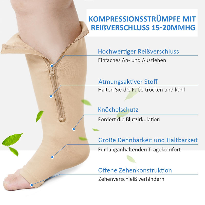 [Australia] - ZFSOCK Compression Stockings Thick Calf Support Stockings: Medical Compression Socks Zipper Sports Women Plus Size Open Toes Men Varicose Veins Thrombosis Stockings 1 Pair 20-30mmHg L-XL Beige-1 Pair 