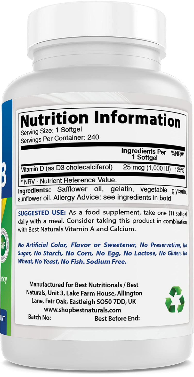 Best Naturals, Vitamin D3 1000 IU, 240 Softgels (GMO-Free, Preservative-Free, USP Grade Natural Vitamin D)