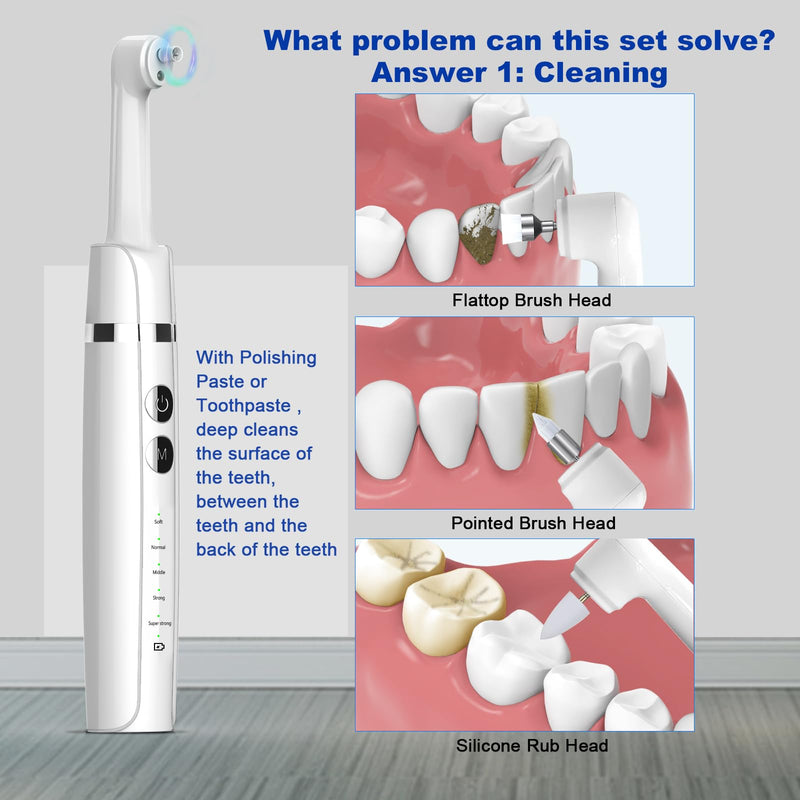 Tooth Polisher,Teeth Polishing Kit for Daily Cleaning,Polishing Then Whitening of Tooth (Professional Toothpaste Include),USB Rechargeable Dental Polisher with LED Light,6 Heads,5 Speed Modes White