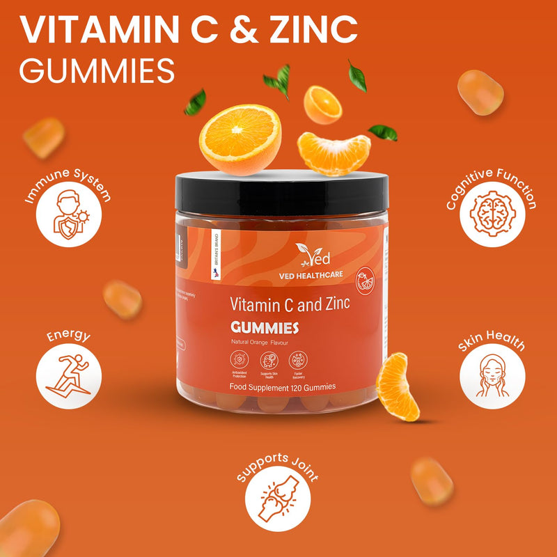 Vitamin C and Zinc Gummies, 120 Tasty Gummies, Natural Orange Flavour, 2 per Day, Gluten-GummiesFree, Non-GMO & Vegan-Friendly, Easy to Chew, Bioavailable Forms (L-Ascorbic Acid & Zinc Citrate)