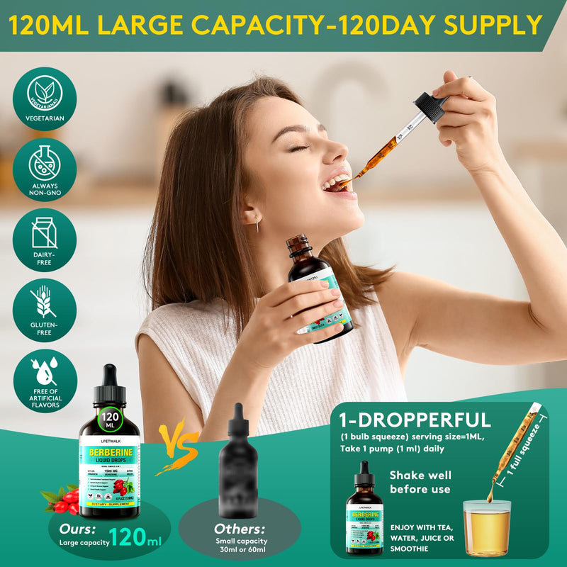 [Australia] - 4 FL Oz Organic Berberine Liquid Drops - Premium Berberine Supplement with Ceylon Cinnamon, Bitter Melon, Sugar-Free & Vegan Supplement Berberine Leaves Liquid, 98% Absorption - 120ML 