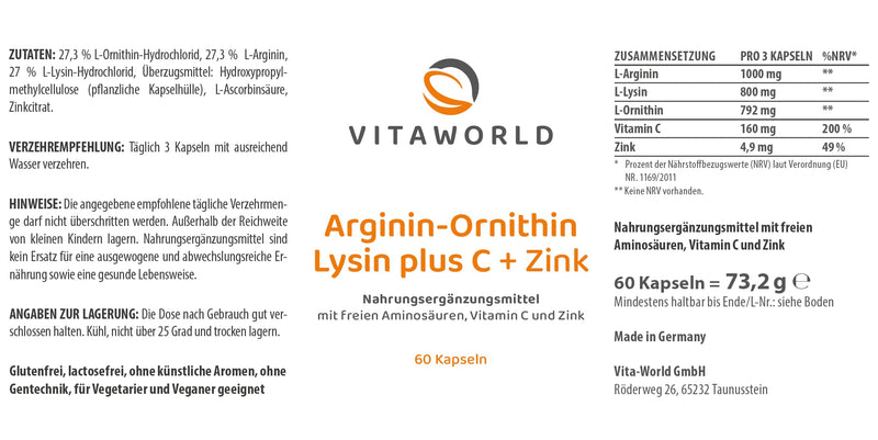 [Australia] - vitaworld Arginine-Ornithine-Lysine + C + Zinc, per daily intake contains 1000 mg of L-arginine and L-ornithine, as well as 800 mg of L-lysine, vegan, 60 capsules 