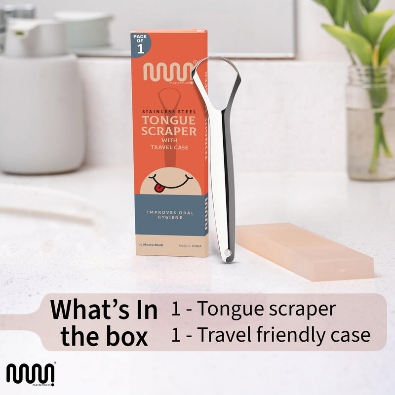 [Australia] - MasterMedi Tongue Scraper for Adults, 100% Stainless Steel Tongue Scrubber for Bad Breath, Easy to Use, Tongue Cleaner for Oral Care & Hygiene (SPTC-1|with Case) SP TC Pack of 1 (With Travel Case) 
