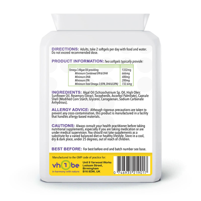 Vegan Omega 3 Algal Oil – Plant-Based DHA & EPA for Heart, Brain & Eyes – Fish-Free Supplement – 90 Softgels