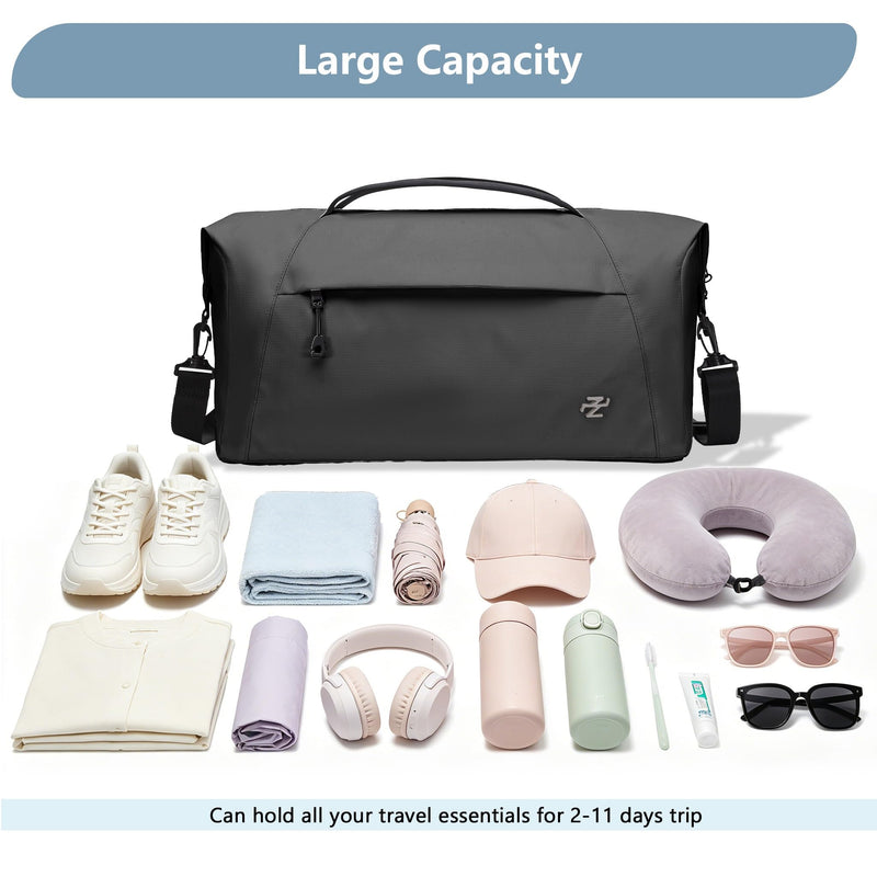Travel Duffel bag, Crossbody Gym Tote, Weekender Overnight Bag for Unisex | Foldable Lightweight, Waterproof, Soft & Durable with Crease-Resistant Fabric, Back Luggage Sleeve, Multi-Purpose Travel bag black
