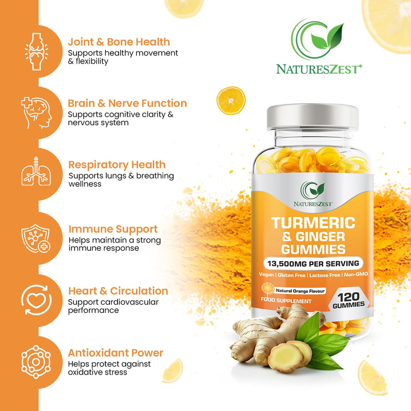Turmeric and Ginger Gummies High Strength –13,500mg | Joint, Immune & Digestive Support | Vegan, Gluten-Free, Non-GMO, Lactose-Free 120 Chewable Gummies | Natural Orange Flavour by NATURES ZEST 120 count (Pack of 1)