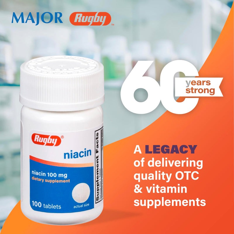Rugby Niacin 100mg - Niacin Tablets with Calcium - Dietary Supplement - 100 Count