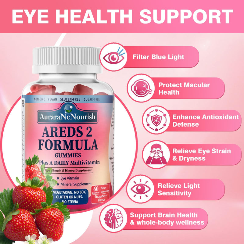 Areds 2 + Advanced Formula for MacularHealth, 22-in-1 Eye Vitamin & MineralSupplement w. Zeaxanthin, Zinc &Vitamin C Supports Eye Strain, Pressure,Night Vision, 60 Chewable Gummies Strawberry 60 Count (Pack of 1)