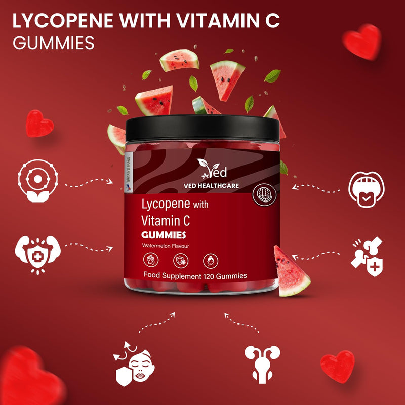 VED Lycopene Watermelon Flavour Gummies for Men & Women – Powerful Antioxidant for Skin & Vision Support, Plant-Based, Vegan, Non-GMO, 120 Count Daily Gummy Chews