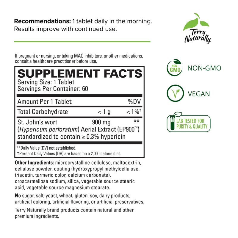 [Australia] - Terry Naturally St. John’s Wort 900 mg - 60 Tablets - Supports Emotional Health for 24 Hours - Non-GMO, Vegan, Gluten Free - 60 Servings 