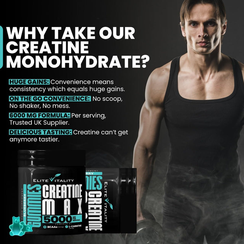 Creatine Monohydrate 90 Gummies 5000mg + BCAAs & L-Carnitine – 3rd Party Lab Tested, Vegan, Sugar-Free, Pre Workout Muscle Growth & Recovery Gym Supplement for Men & Women – Tangy Blueberry Blast