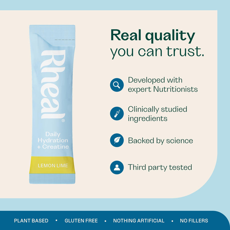 Rheal Hydration + Creatine Sachets, 28 Pack, Ready to Mix, Sugar Free Electrolytes with Creatine & Vitamins, Daily Hydration, Energy, Focus, Performance & Recovery – Lemon & Lime