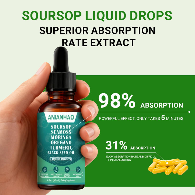 10-in-1 Soursop Bitters Liquid Drops, with Sea Moss, Moringa, Turmeric, Black Seed Oil, Oregano, Ashwagandha | Herbal Extracts for Overall Health-Enhancing | Vegan, Non-GMO | 60ml