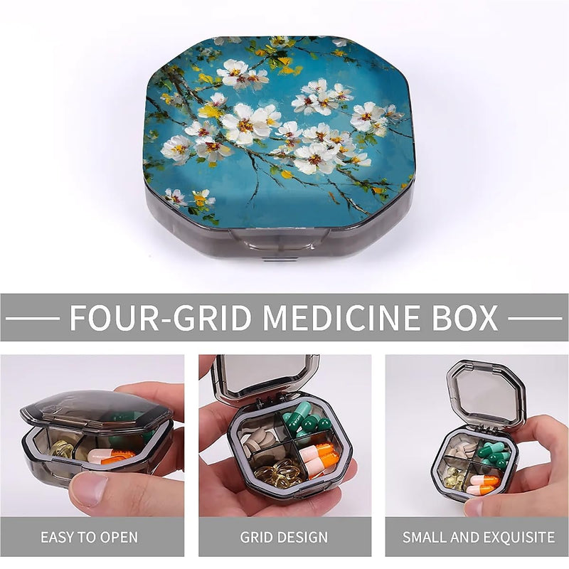 4 Compartment White Flowers Travel Pill Organizer, Watertight Portable Daily Pill Box for Vitamins, Fish Oil, Medicine & Small Items - BPA-Free Food Grade Material 4 Compartment