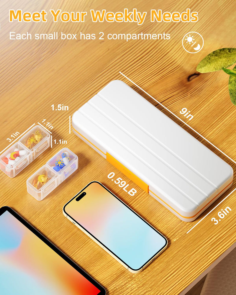 Betife AM PM Pill Organizer 2 Times a Day, 7 Day Pill Box - Yellow | Removable AM/PM Daily Cases; Roomy for Fish Oil and Vitamins; Sturdy ABS Shell with Moisture-Resistant Silicone Protection. Beige