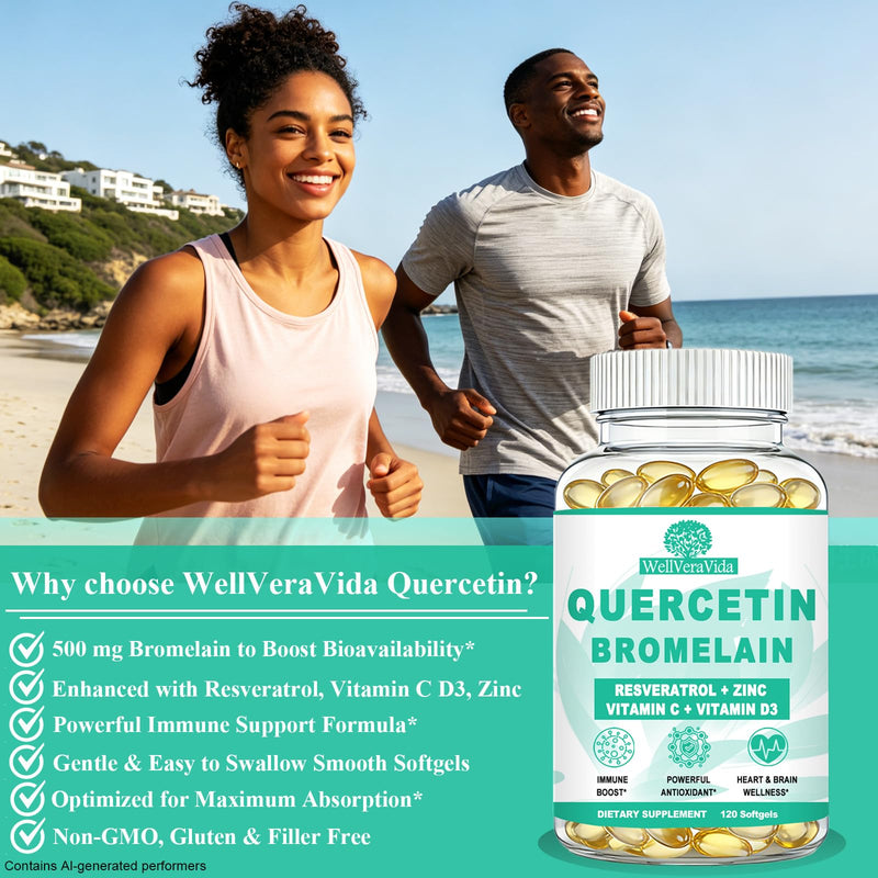 Quercetin with Bromelain, Extra Strength Quercetin 1000mg & Bromelain 500mg | with Zinc Vitamin C & D3, Healthy Immune System & Seasonal Allergy Health for Women Men, Liposomal Quercetin Phytosome, 120Ct