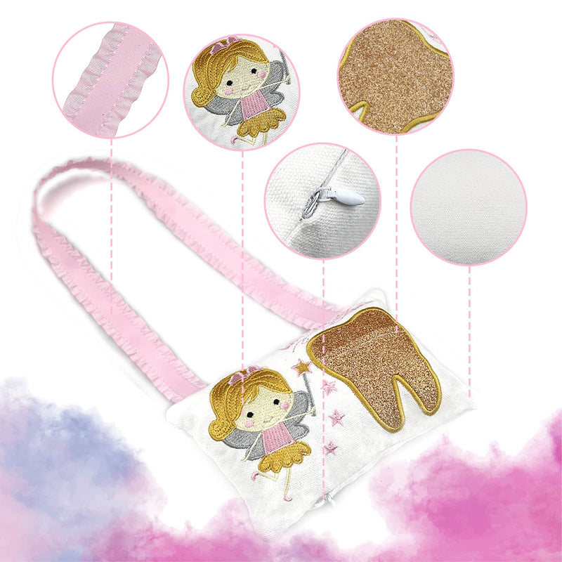 [Australia] - Tooth Fairy Pillow Embroidery Cartoon Fairy Gold Tooth Pocket with Gift Box Tooth Fairy Souvenir Children Gift for Girl Boy (Gold) 
