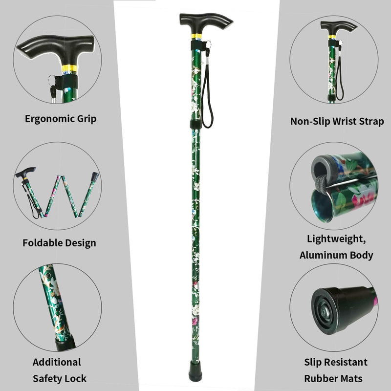 [Australia] - Folding Cane, 5-Level Adjustable Height Lightweight Portable Foldable Walking Canes with Wrist Strap and T Handle for Men Women Seniors Floral Green 