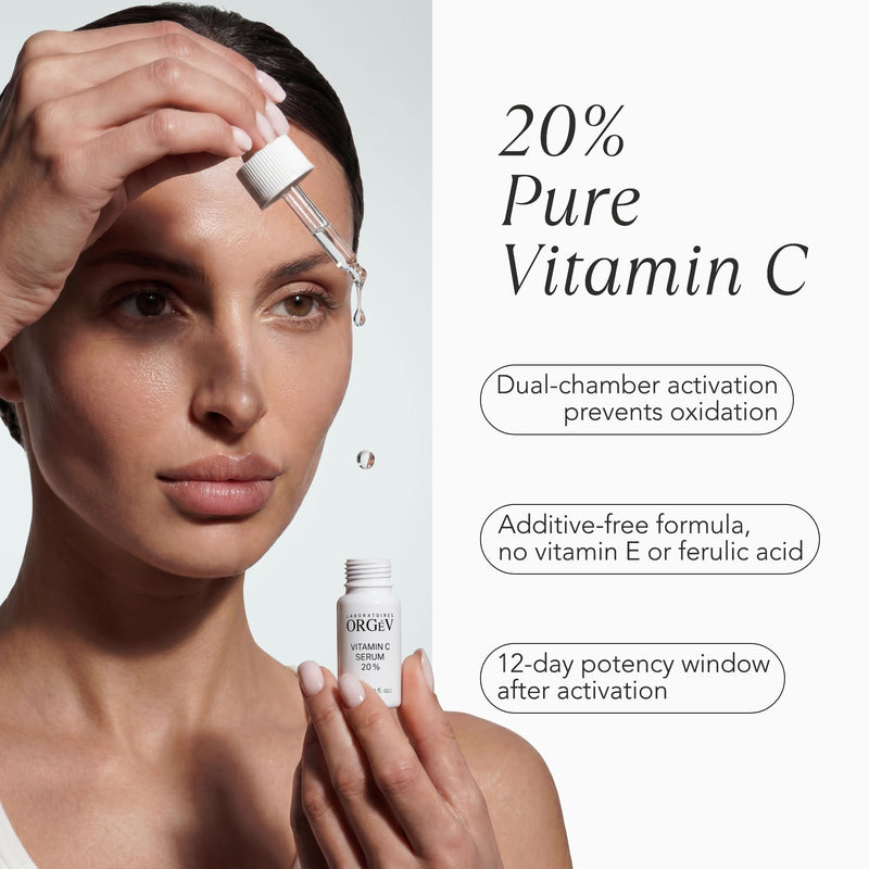 Orgev Vitamin C 20% Dual-Chamber Fresh-Activated Serum – Pure 20% L-Ascorbic Acid Powder Professional Face Treatment – High-Potency Antioxidant for Brightening, Firming & Collagen – 12-Day Potency