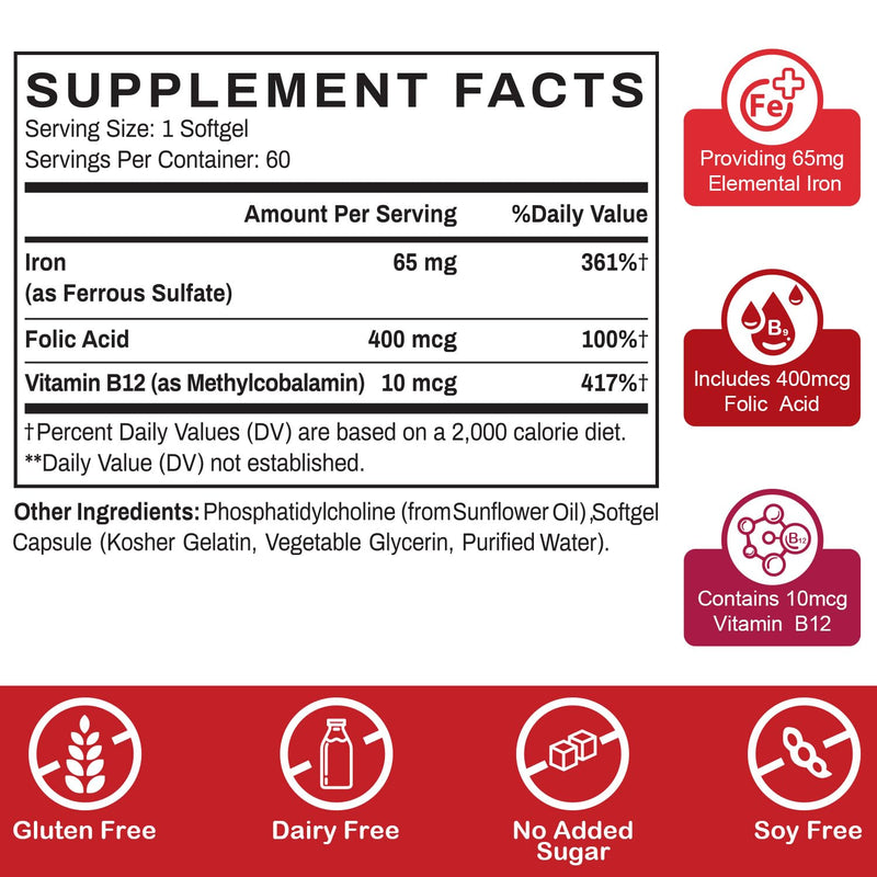 Liposomal Fe Iron Supplement for Women, 65 mg Iron Supplement with Folic Acid & Vitamin B12 for Men, Daily Blood & Energy Support for Adults Iron Deficiency 60 Softgels (2 Bottle) | 65 mg Iron Supplement with Folic Acid & Vitamin B12 for Men, Dietary S...