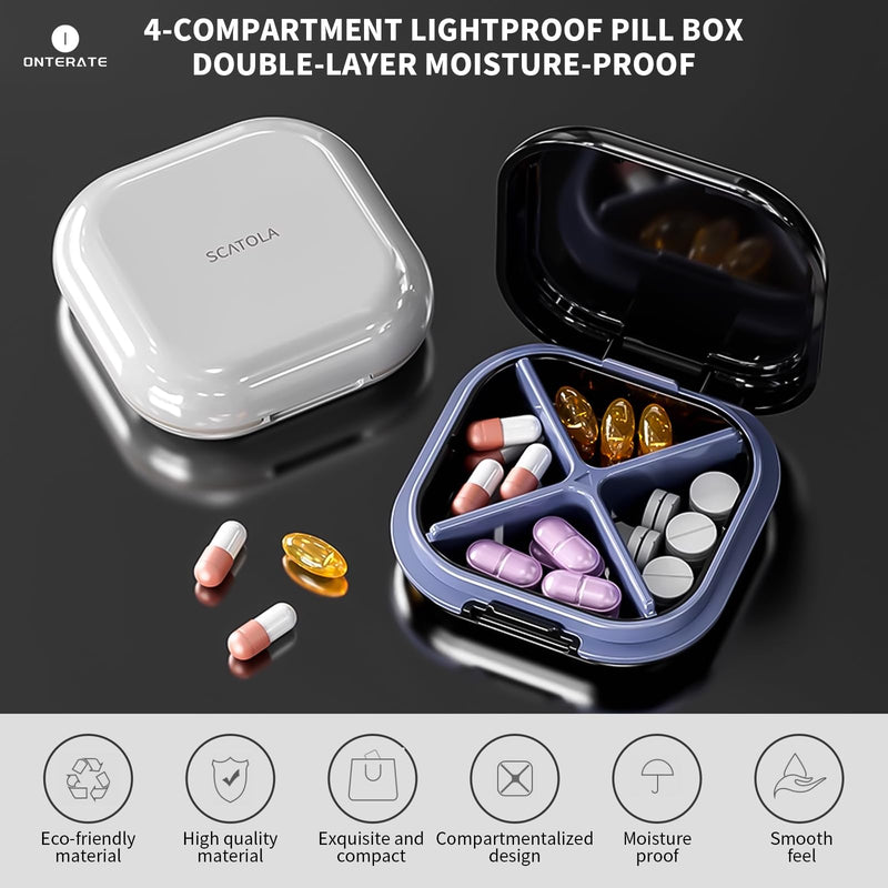 ONTERATE Small Pill Case, Travel Pill Organizer, Small Pill Box, Pill Container for Purse 4 Compartments, Daily Compact Travel Medicine Holder for Vitamins Medication (White Grey) Light Grey