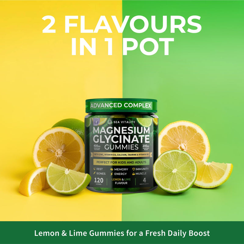 Magnesium Glycinate Gummies for Kids & Adults - High Strength Magnesium Glycinate 400mg with Malate, Zinc, D3, B6 & Taurine – Lemon & Lime Flavours – Sleep, Focus & Relaxation – 120 Chews Lemon Lime 120 count (Pack of 1)