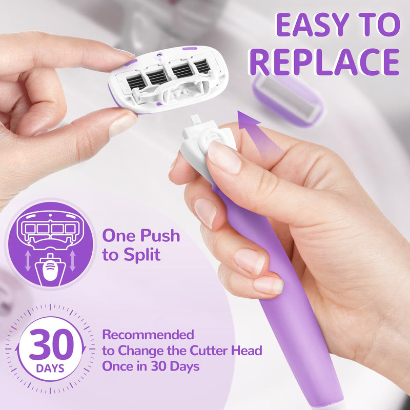 [Australia] - Razors for Women Include 2 Non-Slip Handles and 14 Blade Refills with a Shower Holder, 5 Premium Blades Women's Razors for Shaving with 360° Lubrication Reduces Irritation, Purple 