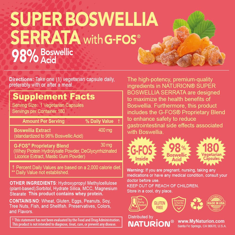 [Australia] - Super Boswellia Serrata with G-FOS - 98% Boswellic Acid - Supports Joint & Mobility Health - 180 Vegan Capsules, 180 Day Supply 180 Count (Pack of 1) 