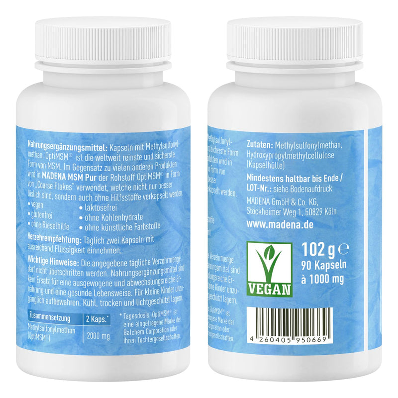 [Australia] - MADENA MSM Pur, OptiMSM Methylsulfonylmethane 90 capsules vegan, the purest MSM in the world, high dosage and optimally bioavailable in the form of coarse flakes 