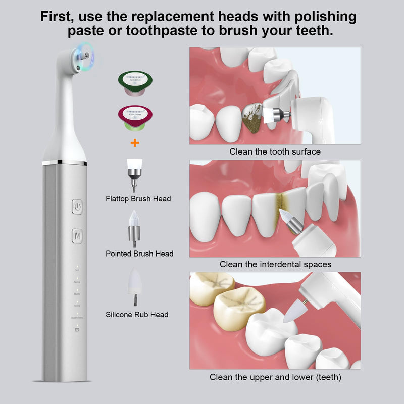 [Australia] - Tooth Polisher and Plaque Remover, Teeth Cleaning Tools for Cleaning and Polishing of Tooth, Dental Cleaning Tools for Brighten and Polish Teeth with 5 Brush Heads, 4 Speed Modes and 3 Polish Pastes Silver-white 