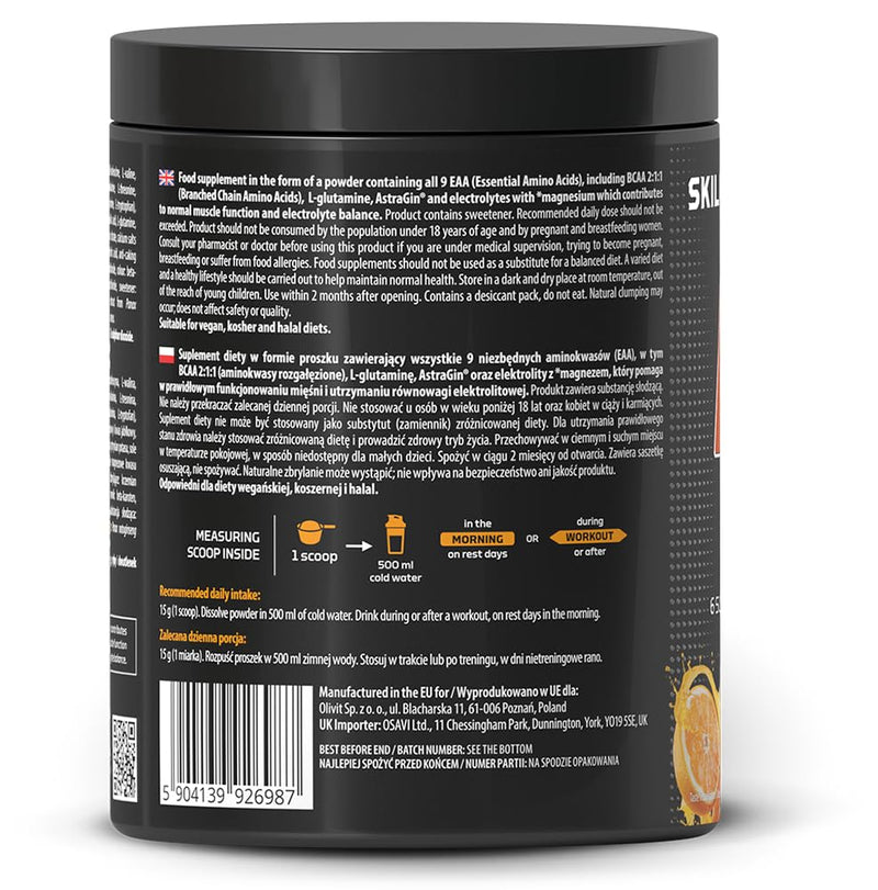 Skill Nutrition EAA + Electrolytes - Orange Flavour | 6.5 g EAA per Serving | BCAA 2:1:1, 1000 mg L-Glutamine, Electrolytes & AstraGin® | Powder Supplement | 450 g