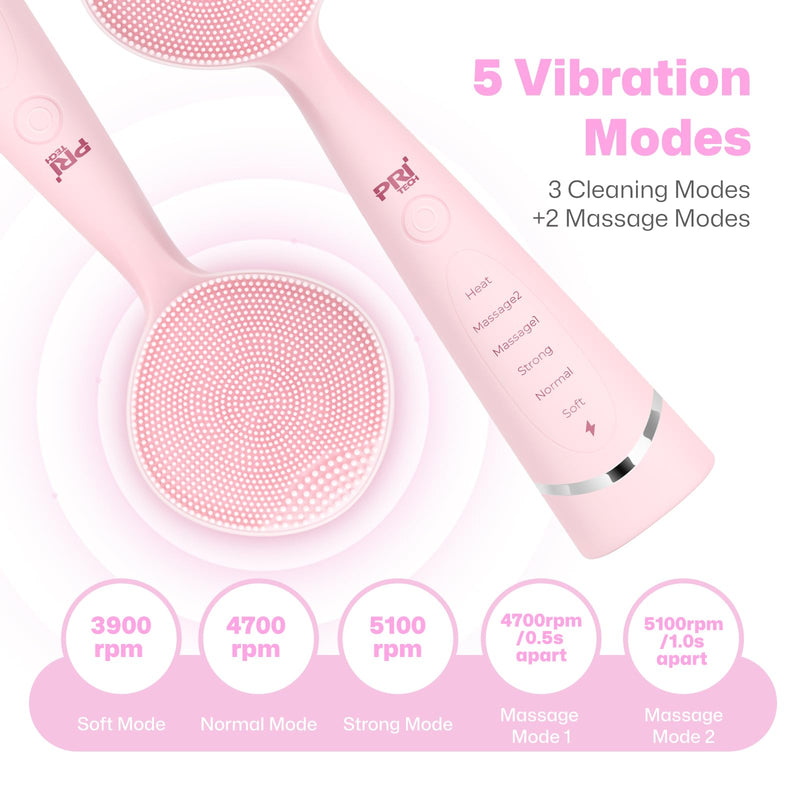 PRITECH Facial Cleansing Brush, Rechargeable Silicone Face Scrubber with Constant-Temperature Heating, Vibrating Exfoliator Scrubber for Deep Pore Cleaning, Waterproof Face Brush for Women & Men -Pink Pink