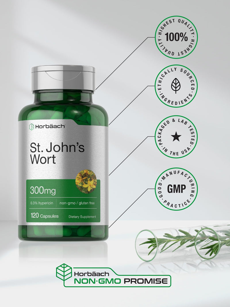 Horbäach St John's Wort Capsules 300mg | 120 Count | Non-GMO, Gluten Free | Herbal Extract