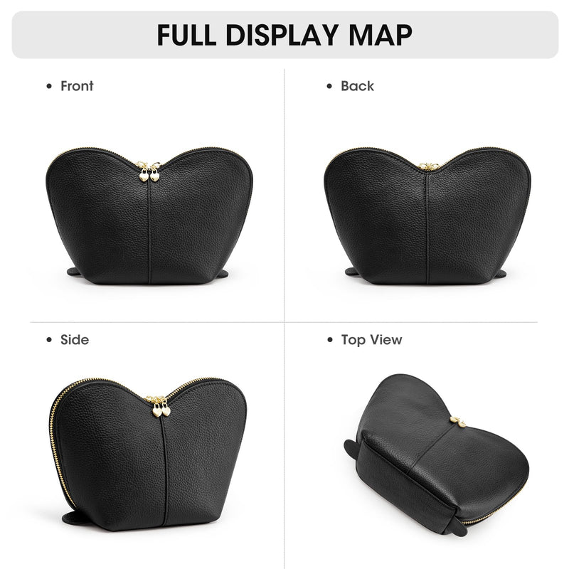 Kattee Leather Makeup Bag, Travel Large capacity Comestic Bag for Women, Heart Shaped Portable Organizer Toiletry Bag for Working, Black