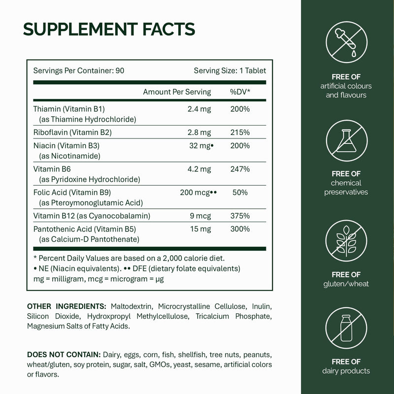 NFO Vitamin B Complex [90 Tablets] Norwegian Fish Oil Natural High-Dose Complex of Multivitamins of Group B in an Easily Accessible Form: B1, B2, B3, B5, B6, B9, B12 for Men and Women Made in Norway