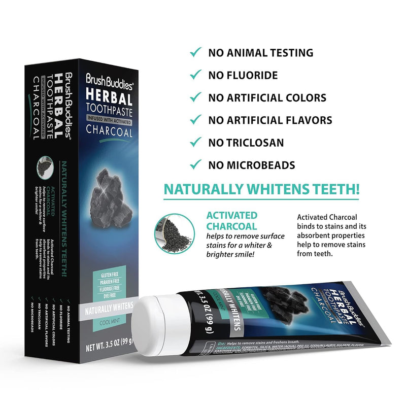 Brush Buddies Charcoal Toothpaste 6 Pack, 3.5 oz | Activated Charcoal Whitening Toothpaste | Fluoride-Free, Cool Mint | Herbal for Sensitive Teeth, Bad Breath & Stains