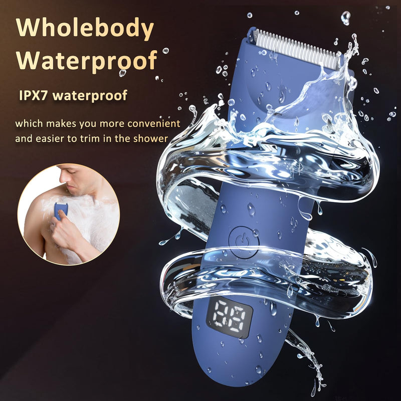 [Australia] - Body Hair Trimmer for Men with Light, IPX7 Waterproof Ball Pubic Groin Hair Trimmer for Man with Ceramic Blade, Rechargeable Body Groomer for Men with Charing Dock,LED Display,Blue Blue 